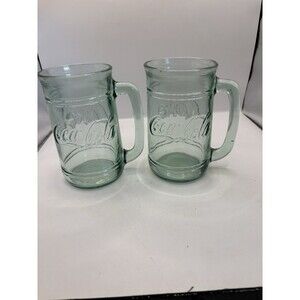 Coca Cola Coke Green Glass 20 oz Jar Mugs With Handles - Set of 2  5.5” Tall